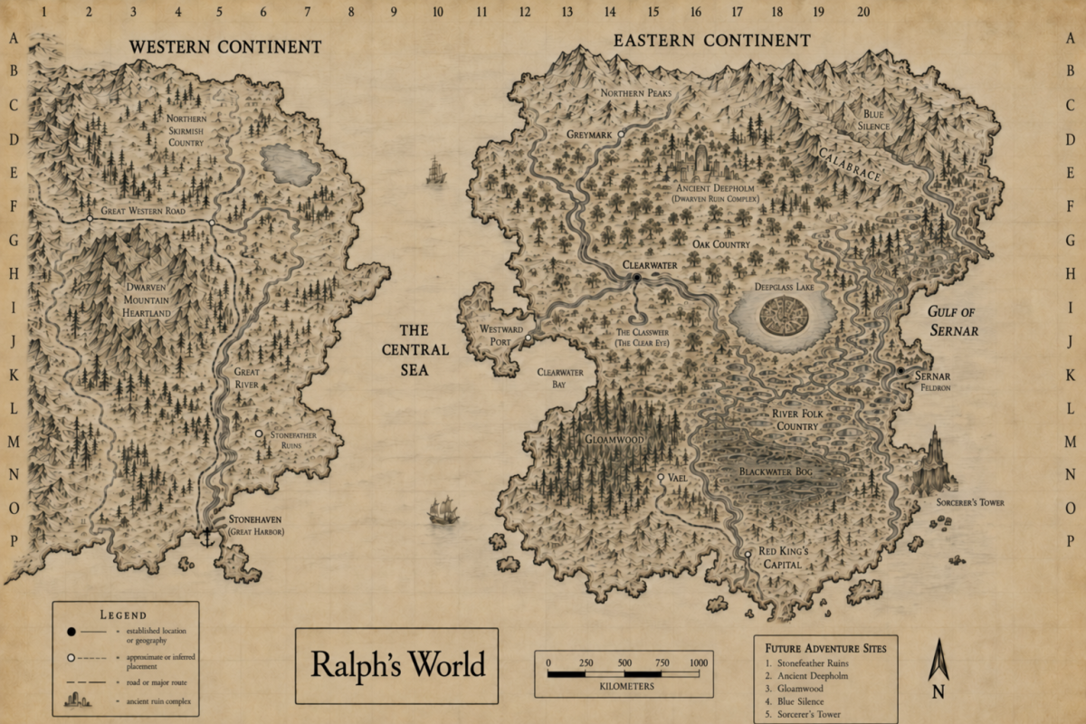 Parchment-style fantasy map of Ralph's World, showing cities, rivers, mountains, forests, coastlines, and other landmarks from the Ralph & Company adventures.